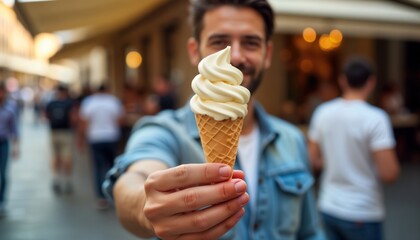 Handsome Italian young man smiles cheerfully holding out vanilla ice cream cone. Stands in busy city market cafe area. People walking around. Summer day. Seems friendly, helpful to customers.