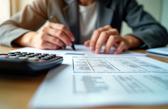 Person carefully fills tax forms. Person concentrates on documents, calculator. Individual struggles with complex tax calculation. Possible tax burden, financial difficulty. Person pays taxes, files