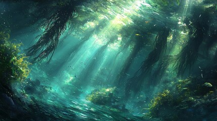Obraz premium Enchanted Underwater Kelp Forest: A Sunlit Abyss
