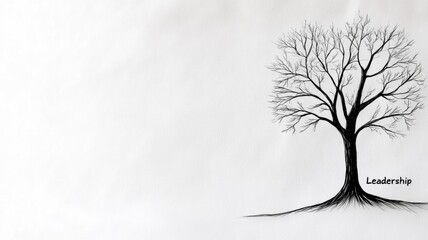 Minimalist drawing of leafless tree with "Leadership" text