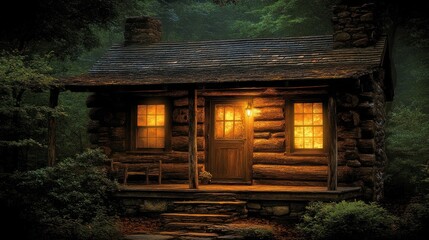 Secluded Log Cabin in the Woods at Night