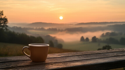 Serene sunrise over misty hills with a coffee cup on a wooden table, perfect for relaxation themes
