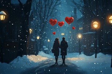 Obraz premium Snowy night, couple walks, heart balloons.