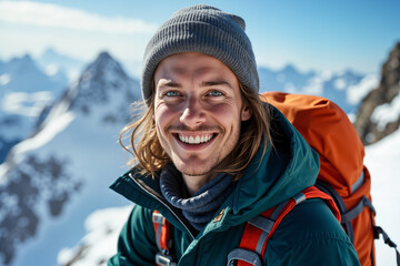 Smiling, long-haired man wearing a green jacket and a backpack, likely a hiker or mountaineer, stands on a snowy mountain peak with majestic peaks in the background.
