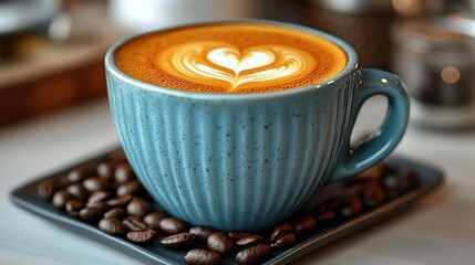 Aromatic Latte Art: Indulge in the creamy texture and delightful heart-shaped design of this perfectly crafted latte, served in a cozy blue mug.