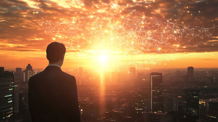 Fototapeta premium Businessman overlooking a futuristic city skyline at sunset with a glowing digital network, symbolizing technology, innovation, and global business connectivity