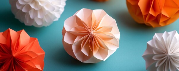 Kusudama paper flowers sitting on blue background