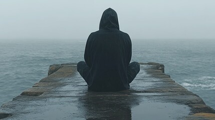Contemplation by the Ocean: A Solitary Figure Finds Peace Amidst the Storm