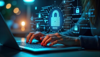 Woman works on laptop securing data. Protects personal info, banking online. Tech expert safeguards cyberspace. Uses firewall interface in dark room. Cyber protection, security concept. Focus on tech