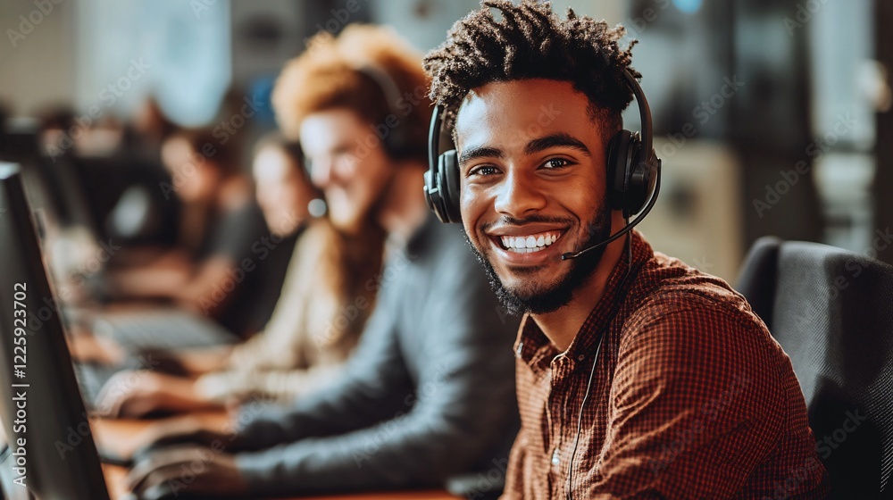 Aufkleber Smiling customer service representative working in busy call center