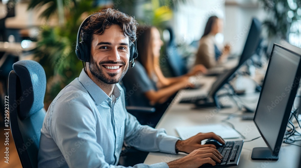 Aufkleber Smiling customer service agent working in a busy call center