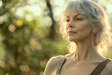 Obraz premium A serene older woman with gray hair contemplates nature's beauty in golden sunlight.