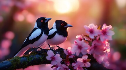 Obraz premium Two Magpies Perched on a Branch of Cherry Blossoms at Sunset