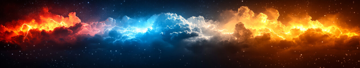 Obraz premium A colorful, fiery cloud formation in the sky. The clouds are blue, red, and yellow, and they are lit up with a warm glow. Concept of wonder and awe at the beauty of the natural world
