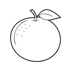 Black and white outline drawing of an orange with a stem and leaves