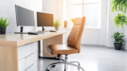 Modern Home Office Setup: A bright and airy home office space features a light wood desk with two monitors, a comfortable brown leather office chair, and potted plants adding a touch of nature.