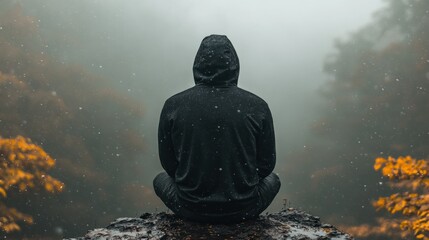 Contemplation in the Misty Mountains: A Moment of Solitude and Reflection
