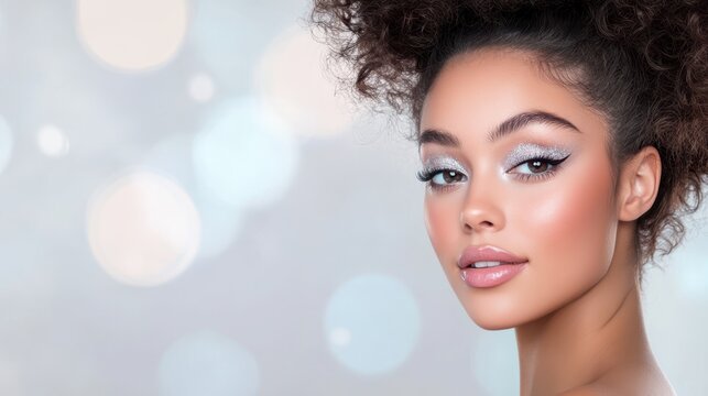 Shimmering Eyes, Bold Beauty: A close-up portrait of a beautiful woman with captivating dark eyes adorned with shimmering silver eyeshadow and a sleek winged eyeliner.