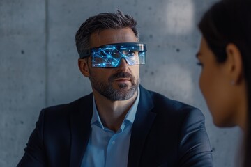 A businessman wearing futuristic AR glasses interacts with a colleague, showcasing advanced technology integration in a modern workspace.
