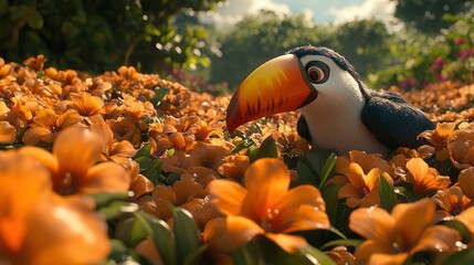 Toucan in a field of orange flowers