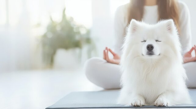 Mindful Moments: A serene woman and her fluffy white dog sit in perfect meditative harmony on a yoga mat, creating a calming atmosphere of peace and connection.  