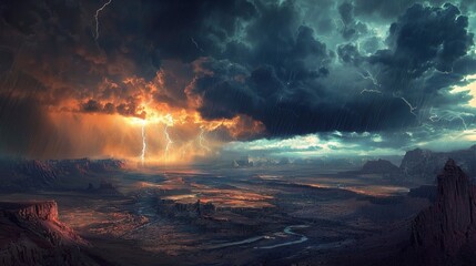 Apocalyptic Landscape: A Dramatic Thunderstorm Over a Desolate Canyon