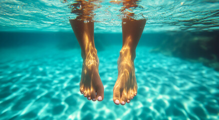 A woman's feet are in the water, with her toes sticking out. The water is blue and the sun is shining on the surface