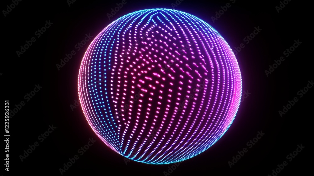 Poster abstract 3d spheres of neon dots and stripes. hi-tech orb hud design element. global network connect