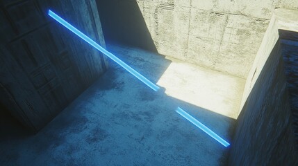 Blue Neon Lines Illuminate Concrete Corridor Walls