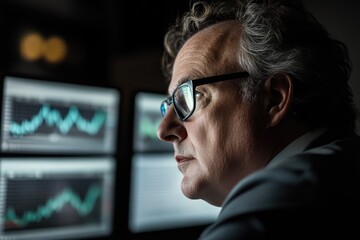 A pensive businessman analyzes stock market data on multiple screens, strategizing his next move in the financial world.