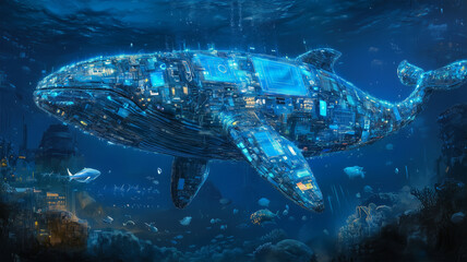 青い光を放つ機械的パーツを持つサイボーグクジラの近未来海中風景