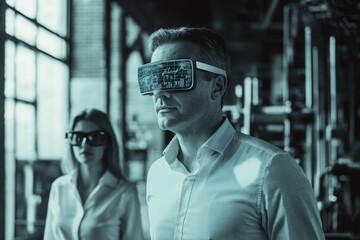 A man wearing VR glasses overlays financial data, showcasing futuristic technology in a business setting.