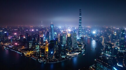 Obraz premium Smart city digital transformation development concept. Band lights over modern urban cityscape at night. New fast internet communication 5G technology. Fiber Optics