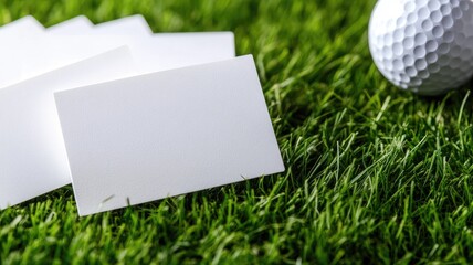 Blank white business cards and golf ball on grass