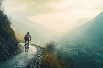 A cyclist ascends a mountain road, overlooking a misty valley town at sunrise.