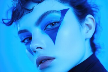 Close-up portrait of a woman with blue, geometric makeup against a vibrant blue background.