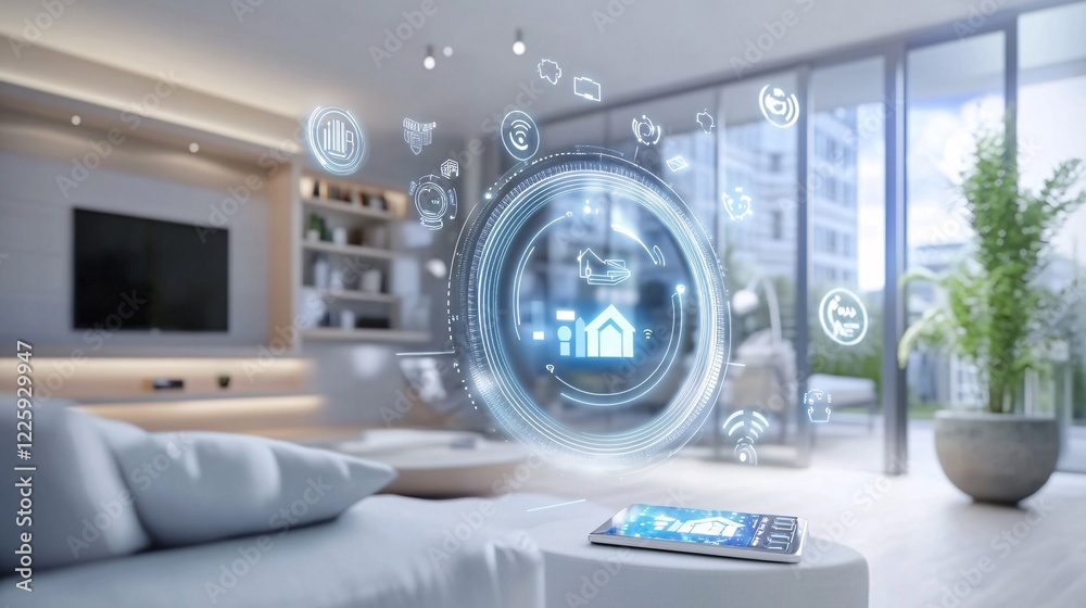 Poster smart home automation system being controlled from a tablet in modern living room