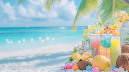 Tropical Beach Cocktails: A vibrant array of colorful cocktails garnished with tropical fruits and flowers sits on a pristine beach, with a turquoise ocean and palm trees in the background.