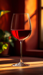 A wine glass is filled with red wine. The wine glass is sitting on a table in front of a window