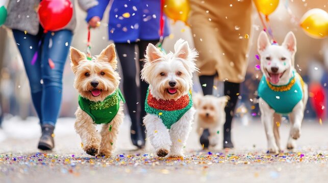 Pawty Time!  Four adorable dogs, sporting festive sweaters, joyfully run through a shower of confetti, celebrating a special occasion with playful energy and wagging tails.