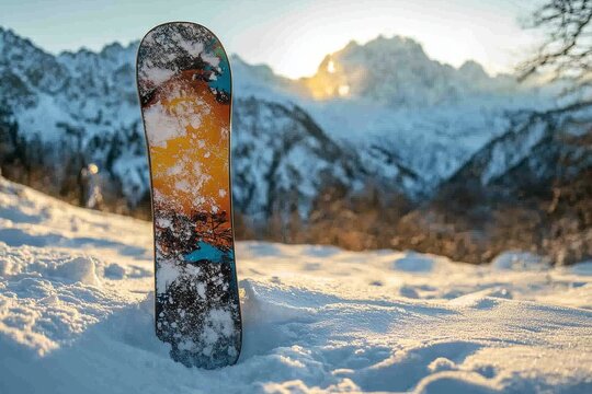 Snowboard Leaning Against Wall in Winter Scene, Vertical Snowboard Resting in Snowy Landscape for Winter Sport Concept