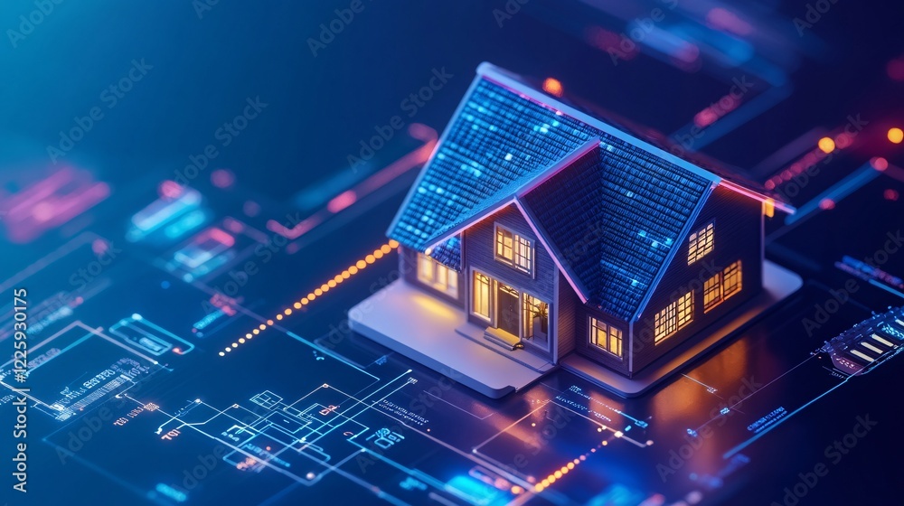 Poster miniature house resting on circuit board showing concept of smart home technology