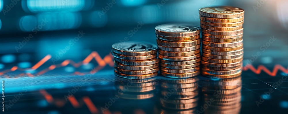 Leinwandbilder stacks of coins getting higher showing increased investment returns on a tablet with graphs