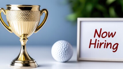Golden trophy, golf ball, and "Now Hiring" sign displayed prominently