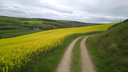 Obraz premium Tranquil countryside scene with a winding dirt path cutting through vast fields of vibrant yellow rapeseed, surrounded by rolling green hills under an overcast sky