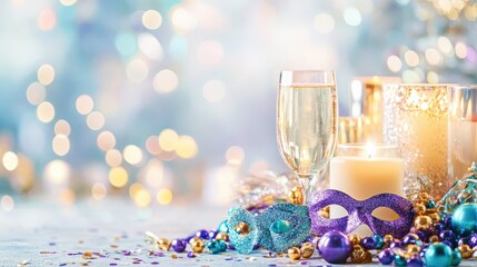 Sparkling Celebration: A festive table setting with a champagne flute, ornate candles, a masquerade mask, and shimmering confetti, evokes a sense of elegance and anticipation for a special occasion.
