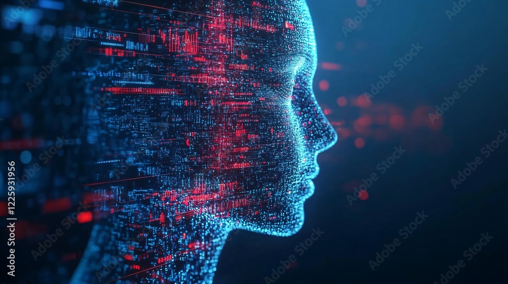 Poster Artificial intelligence face emerging from binary code data stream