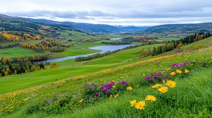 Autumnal valley landscape with wildflowers, lake, farms
