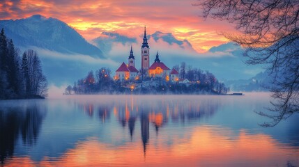 Sunrise Island Church Lake Winter Reflection