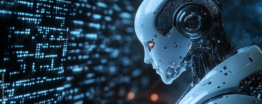 Aufkleber Sophisticated robot analyzing data from digital code on screen